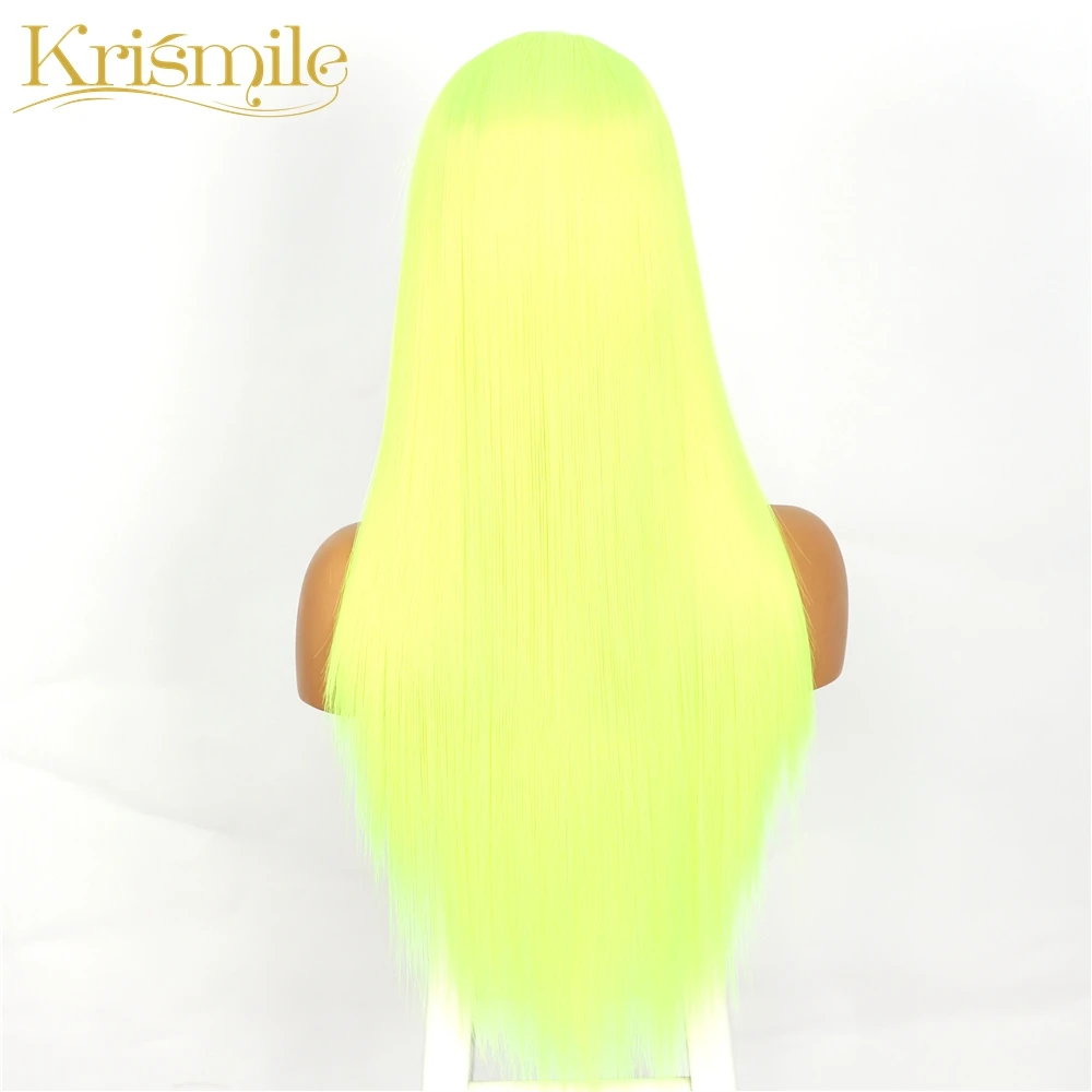 Длинный прямой синтетический кружевной парик неоново-желтый цвет T Средний