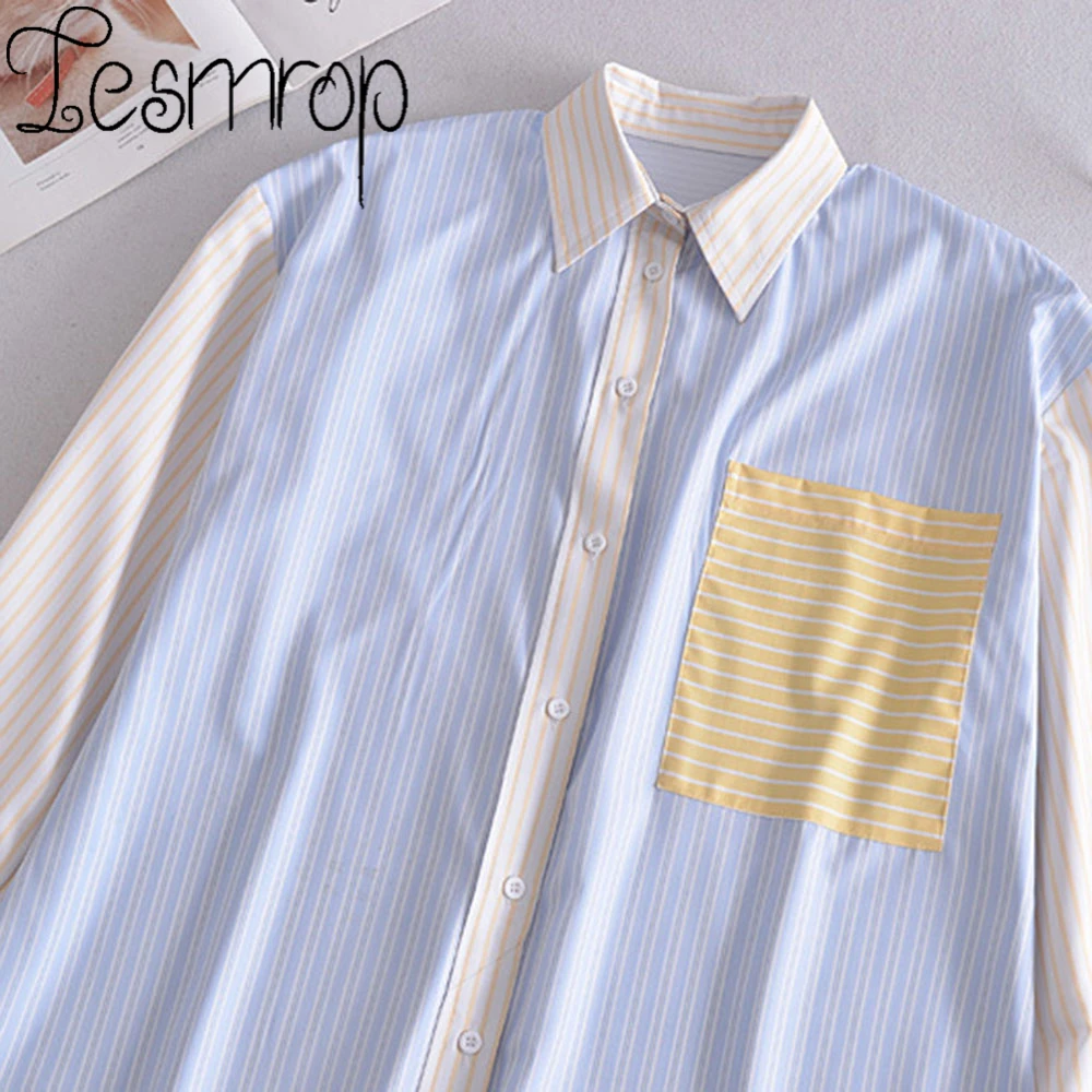 

LESMROP 2021 ZA Women New Summer Lapel Contrast Stripe Stitching Long Sleeve Shirts Casual Blouse Tank Tops Haut Femme LP30ST051