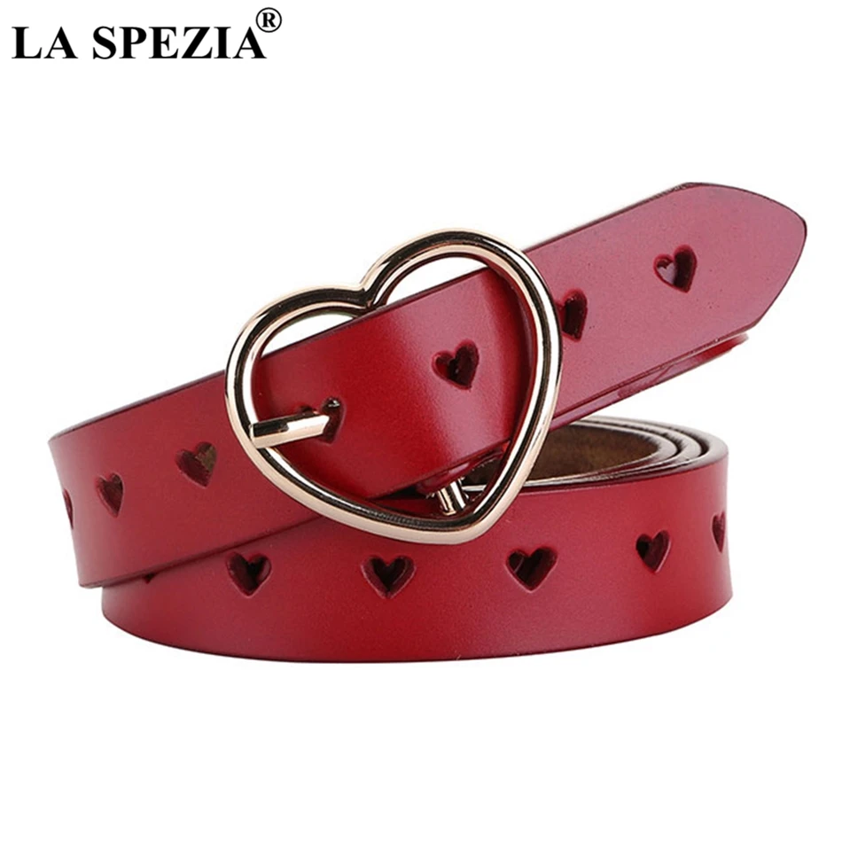 LA SPEZIA Real Leather Belt Women Red Heart Pin Buckle Belt Ladies Fashion Genuine Leather Cowhide Female Brand Designer Belts