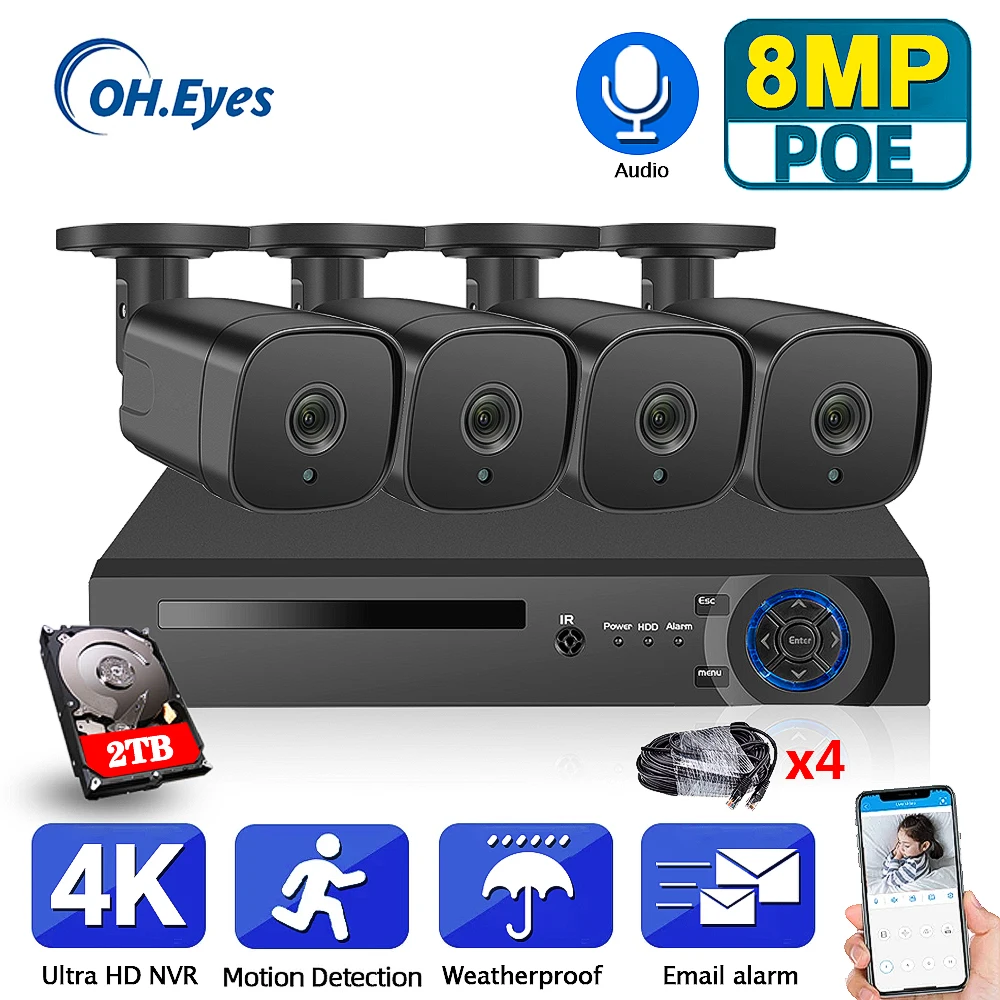 H.265 CCTV 4 Camera Security System POE 4K NVR Kit 4CH Outdoor Motion Detection Bullet Surveillance 8MP XMEYE | Безопасность и