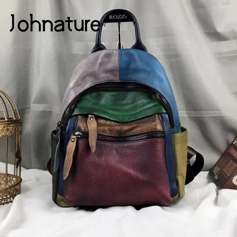 Женский винтажный рюкзак на плечо Johnature из воловьей кожи с вставками в стиле