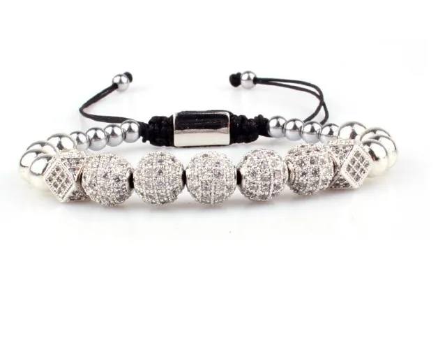 

micro pave Copper gold silver metal cz Cubic Zirconia rope adjustable Beads Bracelet Charm Braided Bangles xcf3