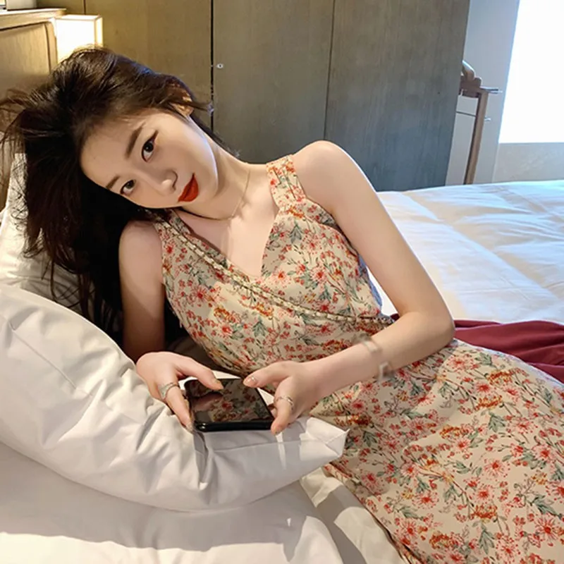 

Summer Women's Dress Floral Print V-Neck Sling Dress Sleeveless Split Beach Style Holiday Style Long Dress