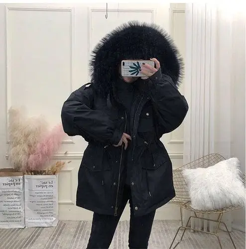 Black-Black Fur AYUNSUE/белая куртка-пуховик для женщин, корейское зимнее пальто, женское пуховое пальто, куртка-пуховик с воротником из меха енота и собаки YY1518 - Цвет: Black-Black Fur