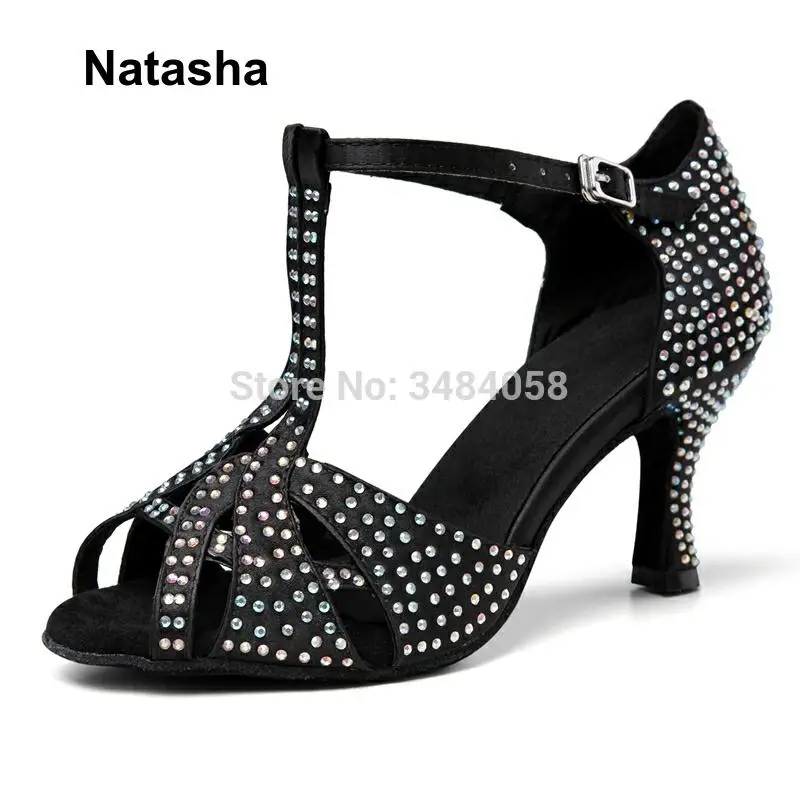 Атласная Черная Женская обувь для латиноамериканской вечеринки Natasha со стразами