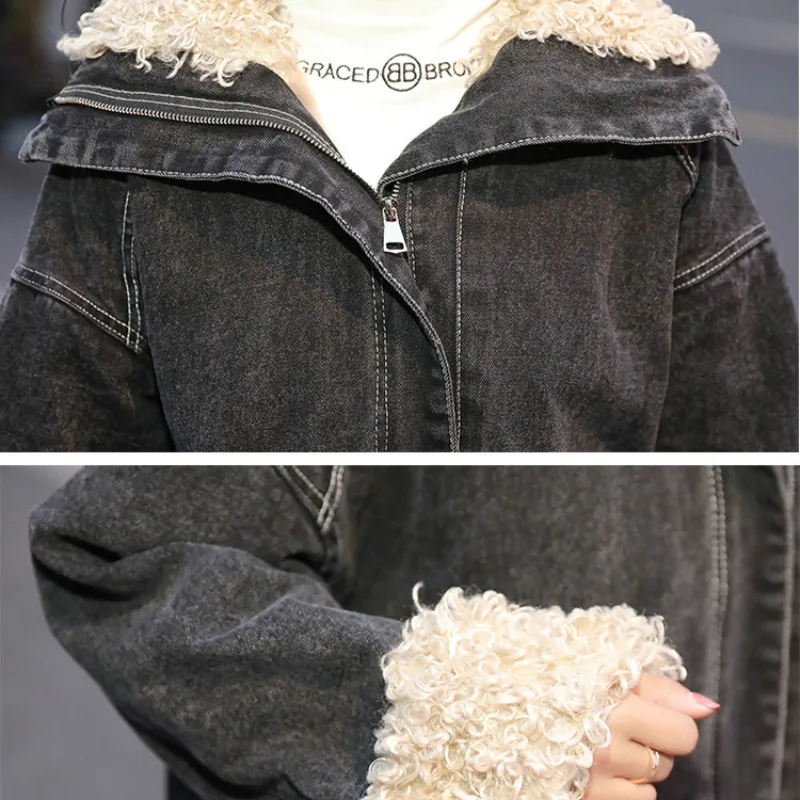 

Winter new style plus velvet thick black denim cotton jacket mid-length sheep curly wool tooling cotton denim cotton jacket