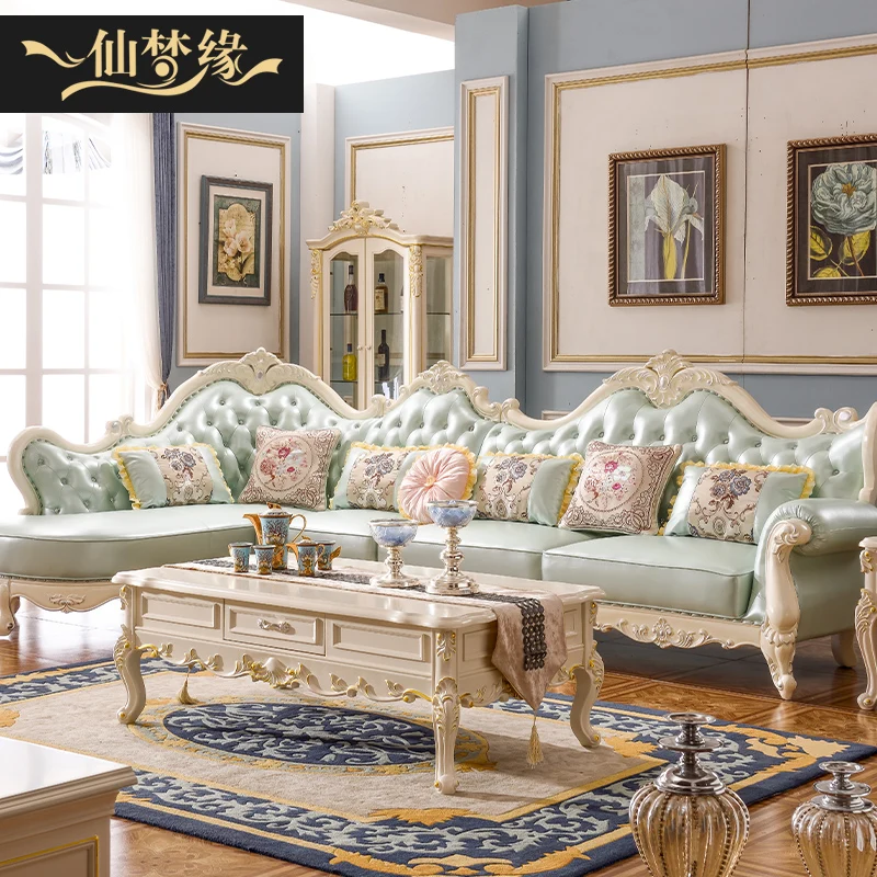 Bestellen Europäischen Stil Villa Wohnzimmer Leder Geschnitzte Sofa Licht Luxus Master Qualität