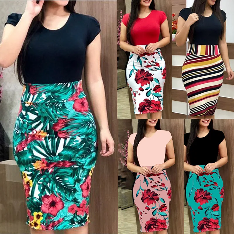 

New Spring Summer Women's Dress 2021 Vintage O-Neck Party Dresses With Short Sleeve Elegant Floral Print Robe Female Mid Dress