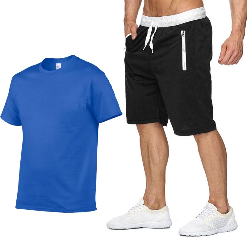 

New in 2020 Summer Men's short sleeve Solid color Crew neck High Quality Cotton Men's T-Shirt+Pants Suit 2Pcs