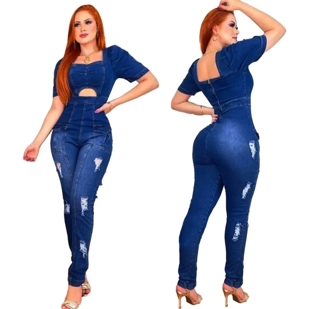 

Women's Denim Jumpsuit Mid-Sleeve Zipper Trousers Fashion Slim Fit Ripped Ladies Jumpsuit Jeans Summer 2021 Best Selling Jeans