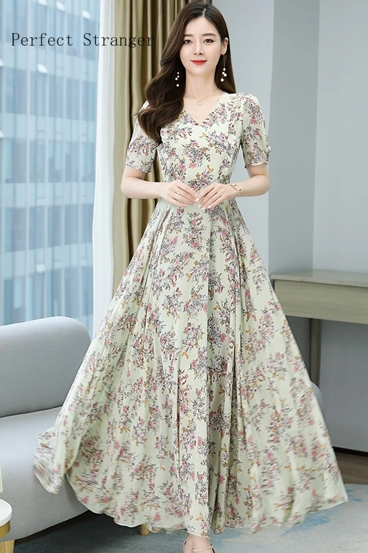 

2021 Summer New Arrival Hot Sale V Collar Short Sleeve Flower Printed Plus Size S-4XL Women Long Chiffon Dress