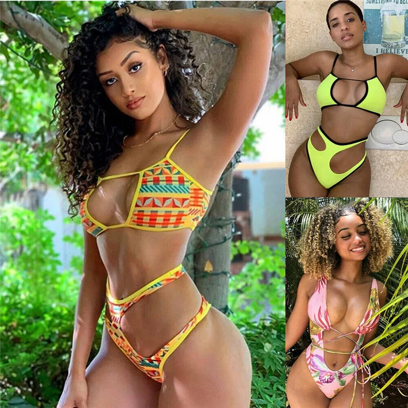 

2020 Sexy Women Swimwear Bikini Set Female Bra Mini G-string Thongs Hollow Out Lace-Up Print High Waist Elegant Ladies Swimsuit