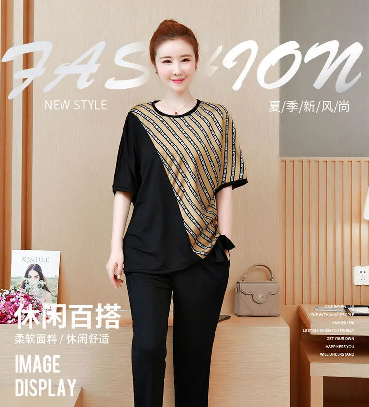 Комплект из 2 предметов размера плюс, большой 3XL, 4XL, 5XL, спортивный костюм для женщин, комплект в полоску, комплект из штанов и топа, летние костюмы