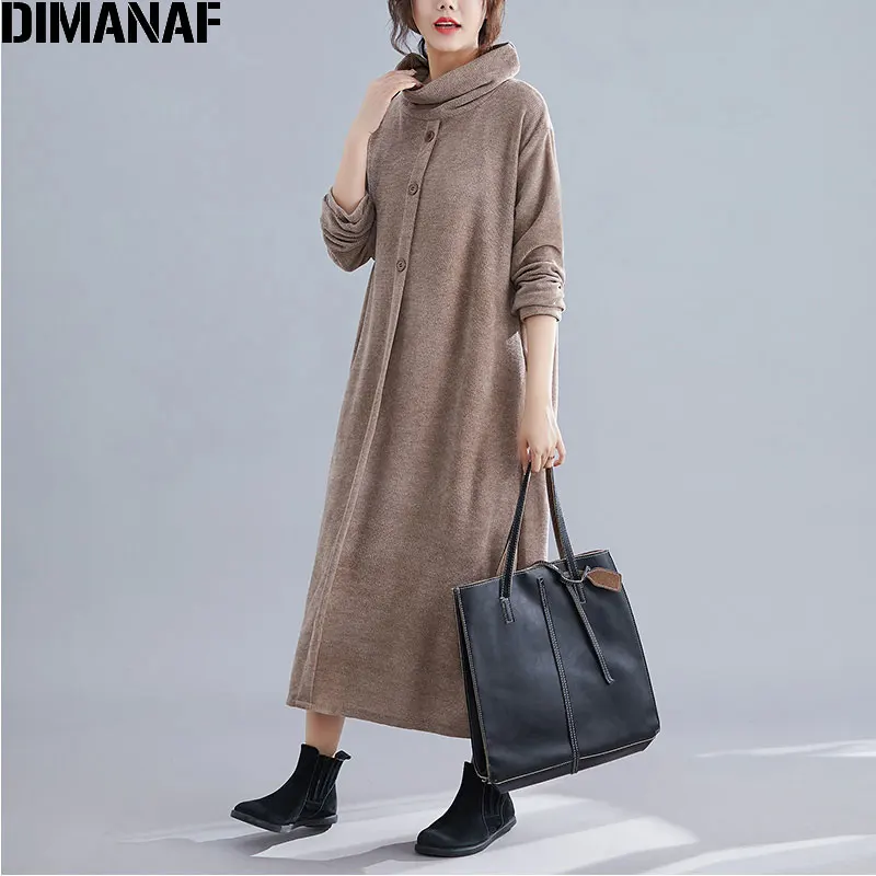 Lang9662-ka DIMANAF зимнее женское платье размера плюс, вязанное толстое элегантное женское платье с высоким воротом, женская одежда, свободное платье макси с длинным рукавом - Цвет: Lang9662-ka