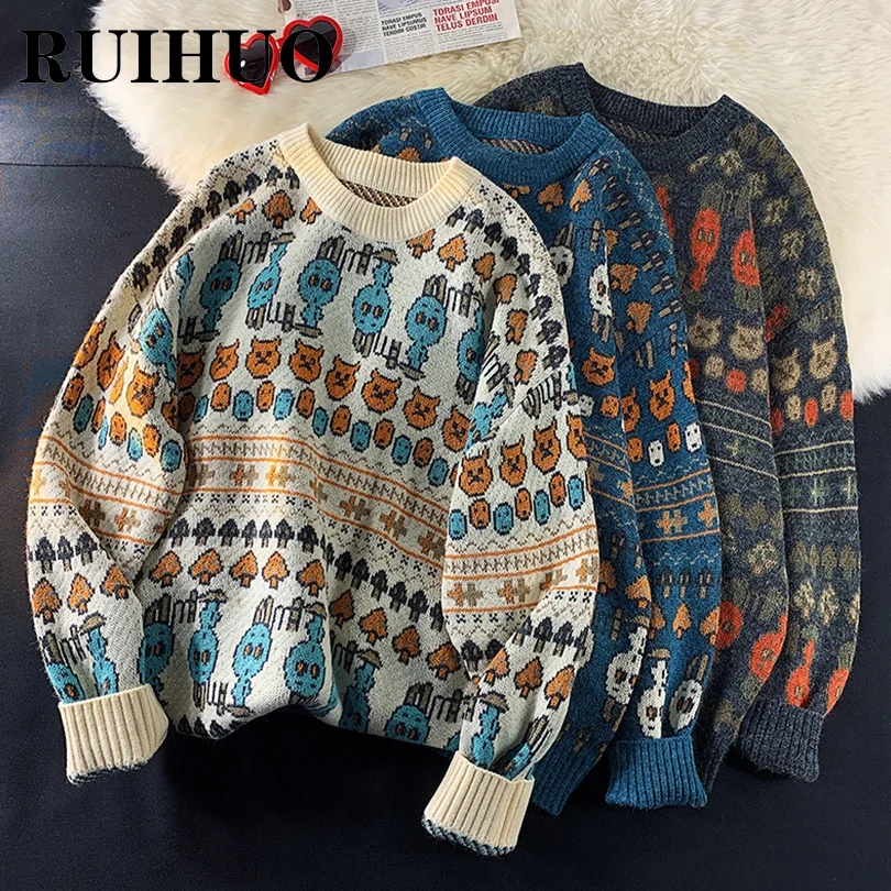 RUIHUO Knitted Sweater Men Clothing Harajuku Fashion Mens Sweaters Pullovers Retro Clothes Knitwear 2XL 2022 New Arrivals | Мужская