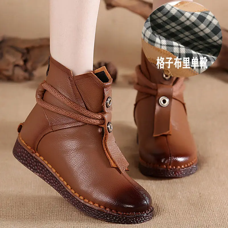Brown fabric inside OUKAHUI/сезон весна-осень; женские ботинки из натуральной кожи ручной работы в винтажном стиле; женские мягкие теплые зимние повседневные ботинки с круглым носком на плоской подошве; коллекция года - Цвет: Brown fabric inside