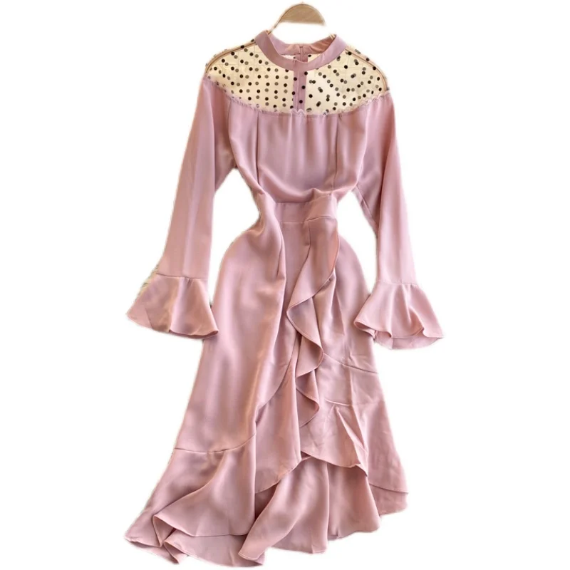 

temperament dinner dress high-end white gauze dress round collar horn sleeve wave point splicing falbala fishtail