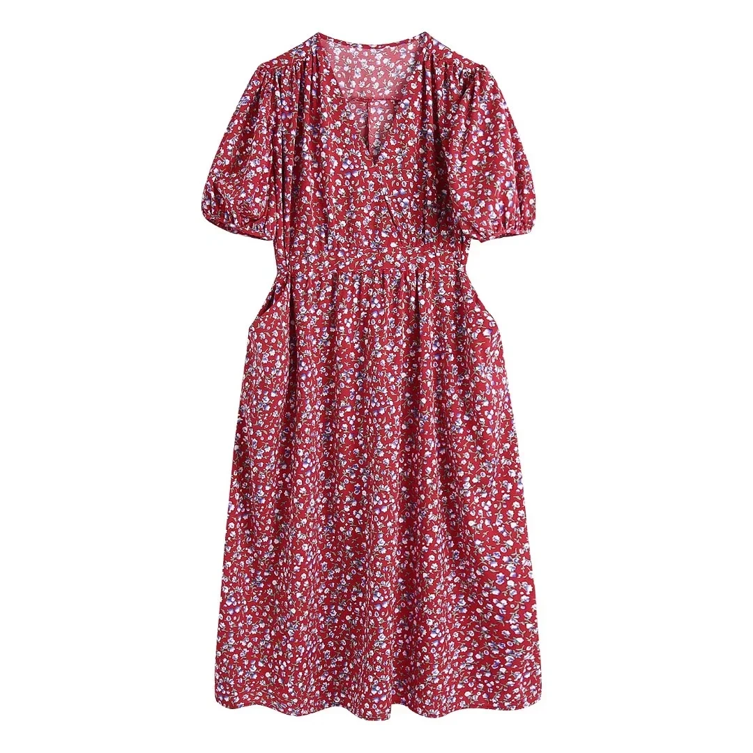

PTYSIC Vintage Red Floral Print Women Midi Dress High Waist Short Sleeve 2022 Spring Summer For Party Dresses