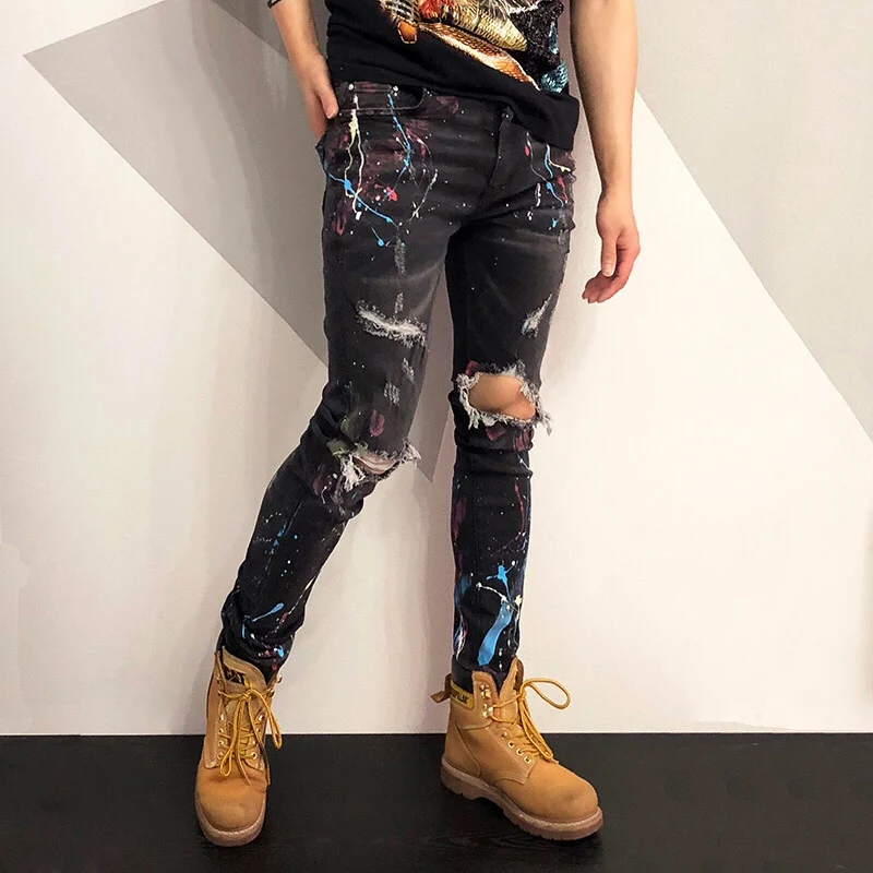 Erkek Jean Pantolon 2020 Spring And Summer New Hole Splash Ink Paint Slim Jeans Men's High Street Popular Homme | Мужская одежда