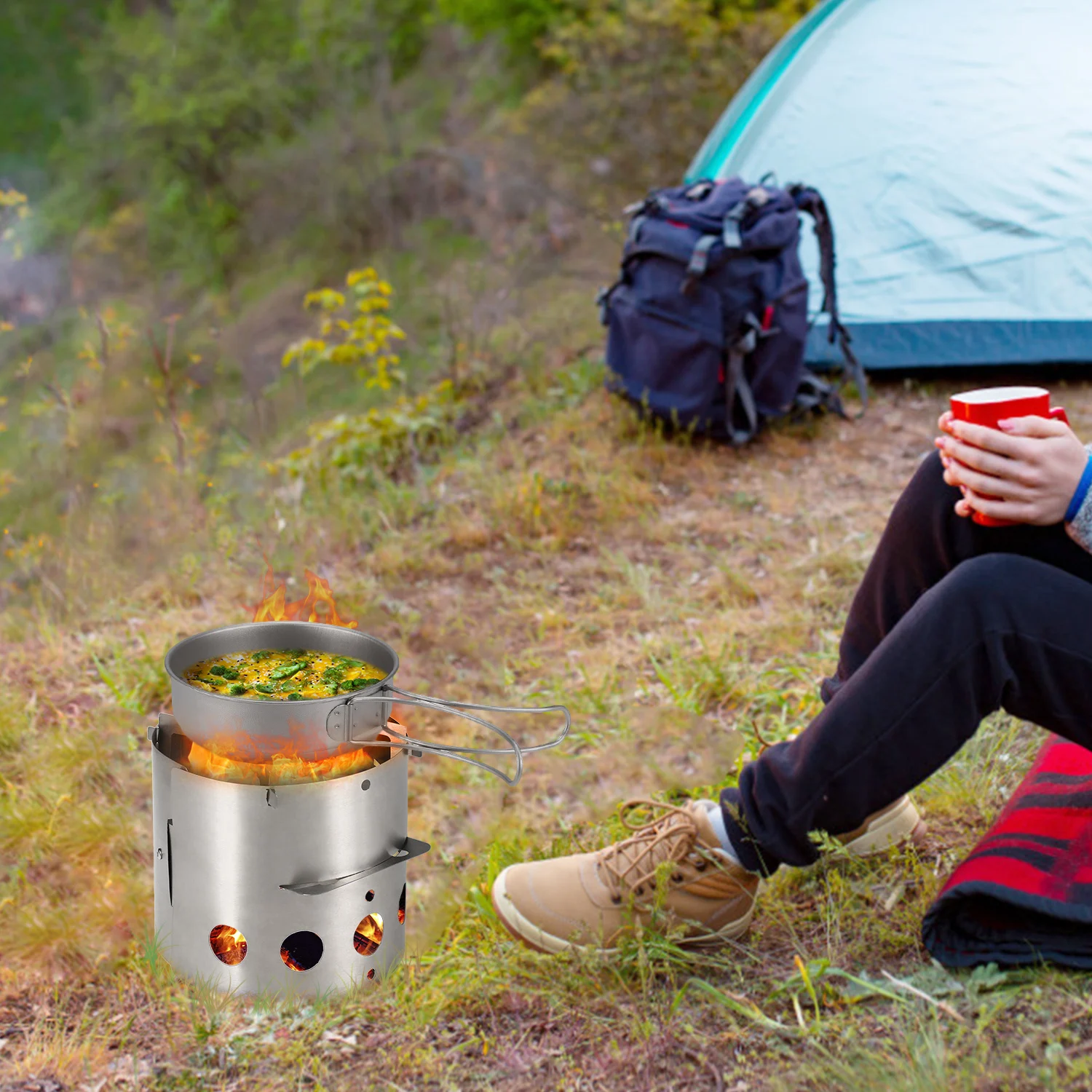 

Lixada 2-in-1 Windproof Folding Camping Titanium Wood Stove Wood Burning Stove Windscreen Lightweight Portable Outdoor Cooking