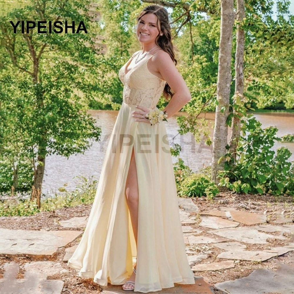 

2021 Sexy Chiffon Evening Dresses V-Neck A-Line Floor Length Side High Slit Lace Applique Prom Party Gown robes de soirée