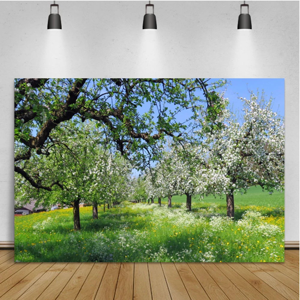 Laeacco Trees Sprout Green Meadow Flowers Spring Scenery Room Decor Backdrop Photographic Photo Background For Photo Studio