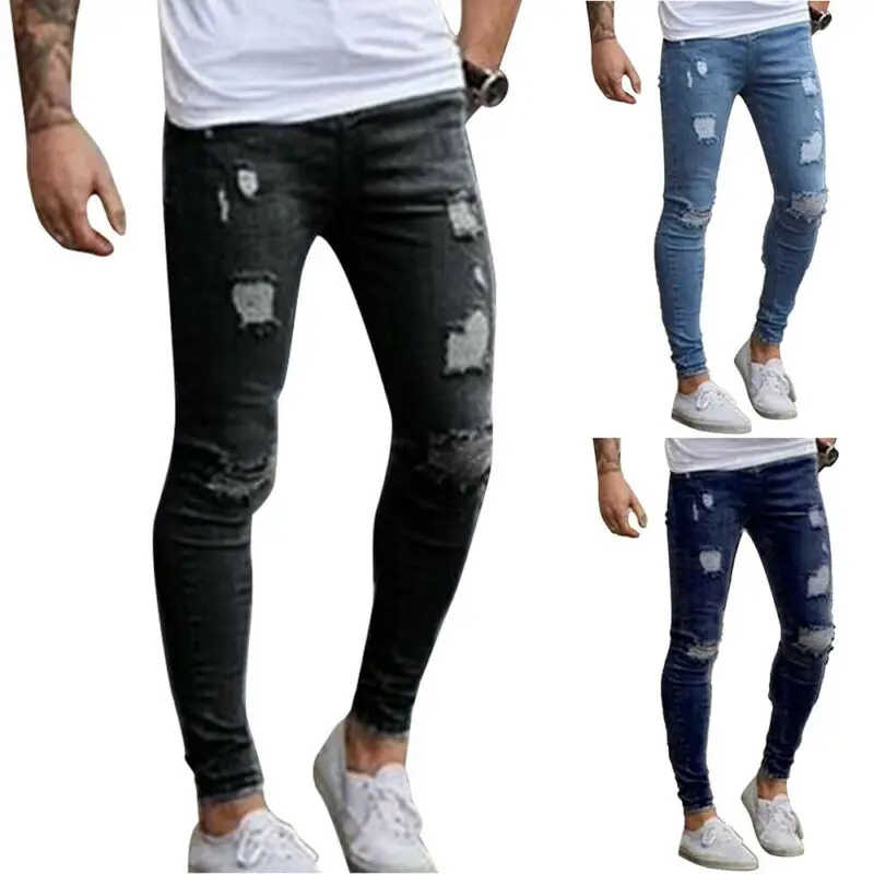 

Mens Slimming Ripped Skinny Jeans Casual Distressed Stretch Denim Pants Trousers