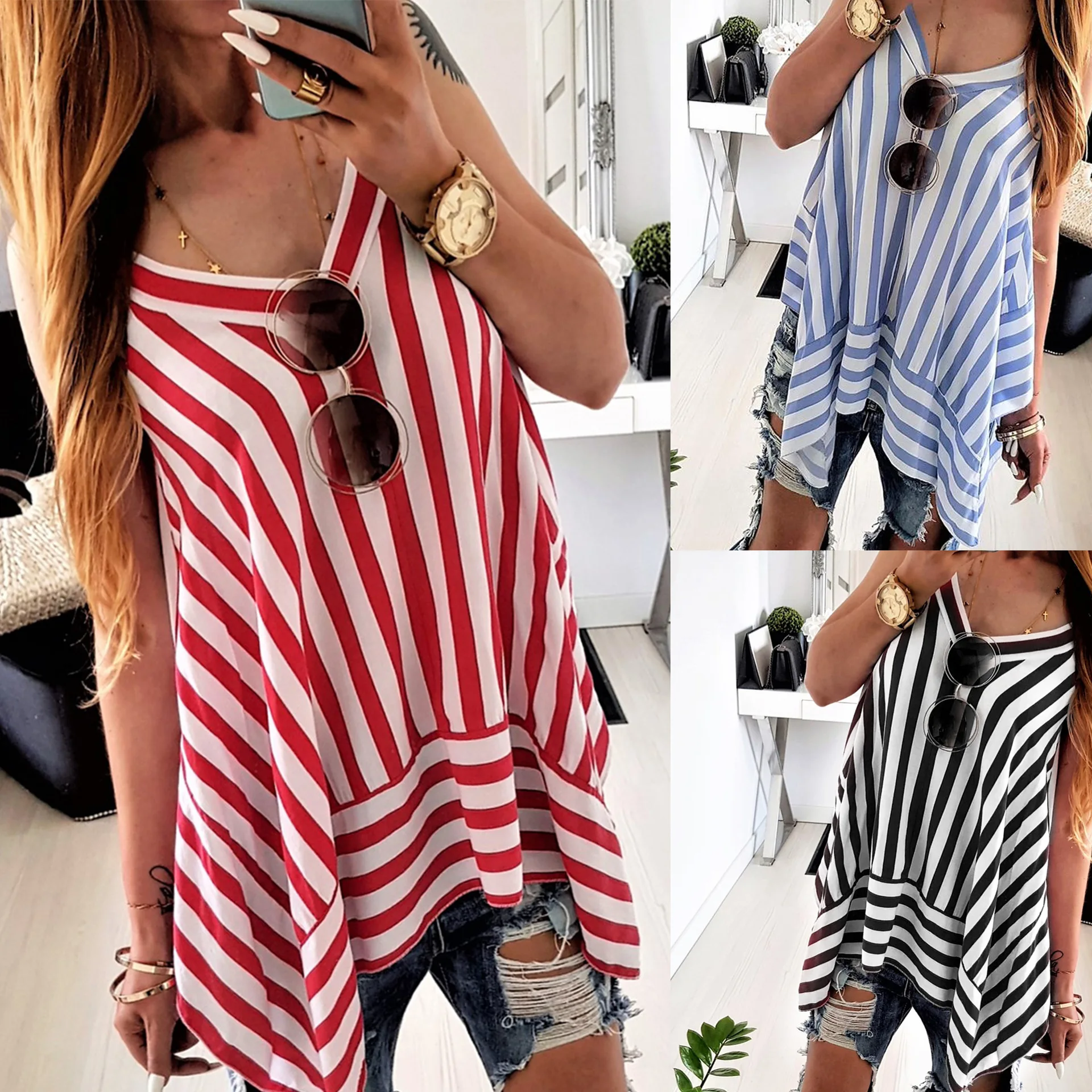 2019 модная повседневная Летняя женская шифоновая футболка без рукавов в красную