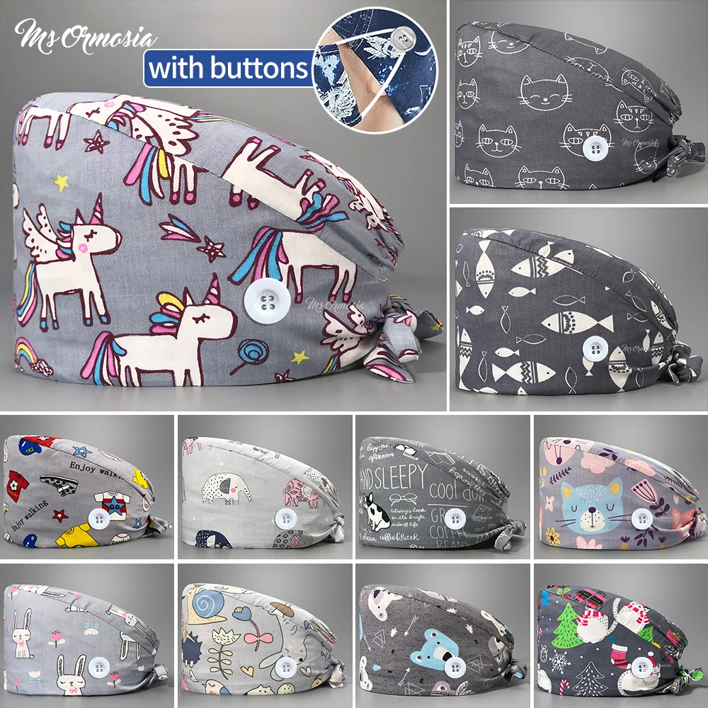 Cotton Breathable Scrubs Women Cap with Button Cartoon Print Frosted Hospital Surgical Work Hat Wholesale Operating Room | Тематическая