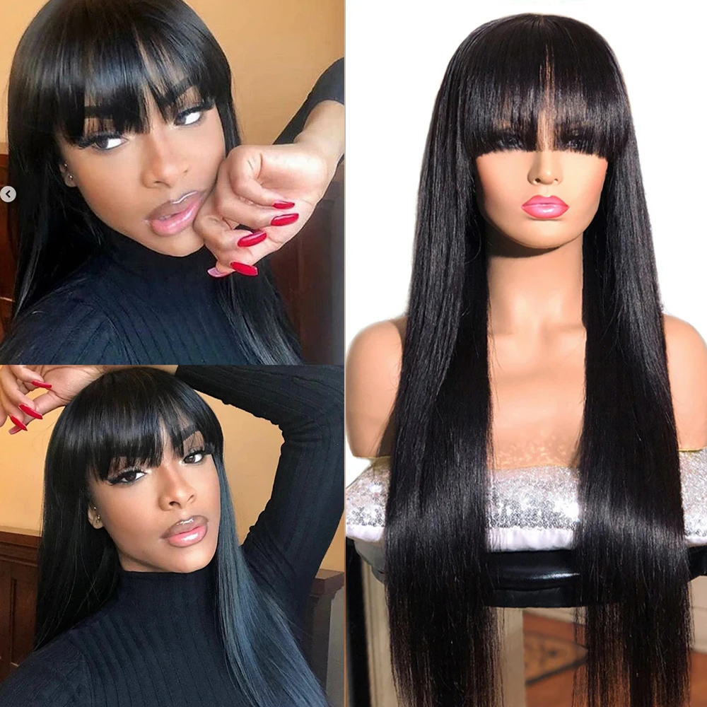 

Straight Human Hair Wigs With Bangs Pre Plucked Full Machine Made Wigs Peruvian Remy Hair Wig Natural Color 150% Denisty