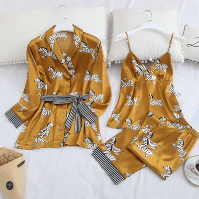 yellow set Fiklyc нижнее белье 3 шт. Подушка грудь Пуш Ап Пижамный набор из шелка с длинным рукавом халат Сексуальная женская ночная рубашка осень корейский горячий - Цвет: yellow set