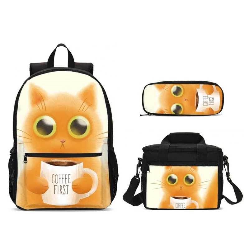 

3Pcs/Set Portfolio School Bags For Boys Girls Cute Cartoon Animal Cat 3D Printing Backpacks Ice Bag Kids Bookbag Mochila Escolar