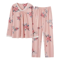 new autumn knitted cotton women pajamas set floral sleepwear long sleeve casual soft loose 3xl female homewear clothes