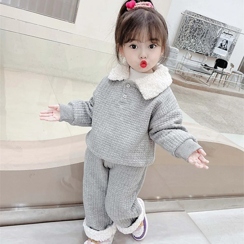 Girls Suit Sweatshirts +Pants Cotton 2Pcs/Sets 2022 Fur Winter Autumn Plus Thicken Warm Sportswear Children Clothing