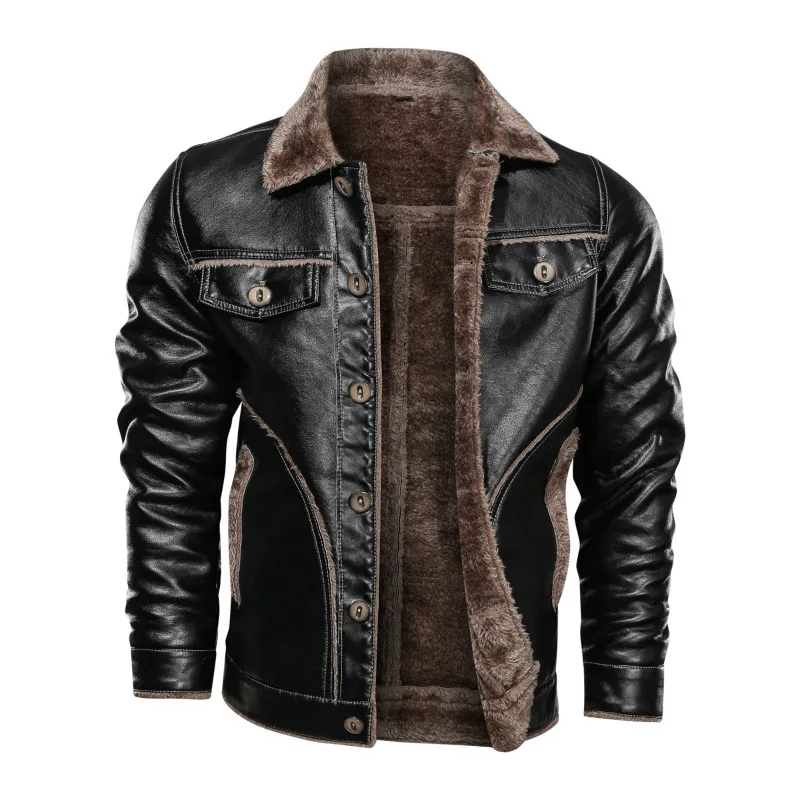 Men's Winter Thick PU Leather Jackets Fashion Faux Fur Collar Windproof Warm Fleece Outwear Coats Brand Clothing Plus Size 8XL