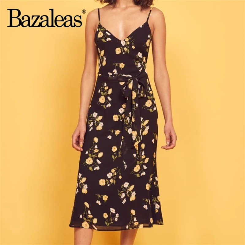 Bazaleas праздничное желтое Цветочное платье на бретельках для женщин винтажное