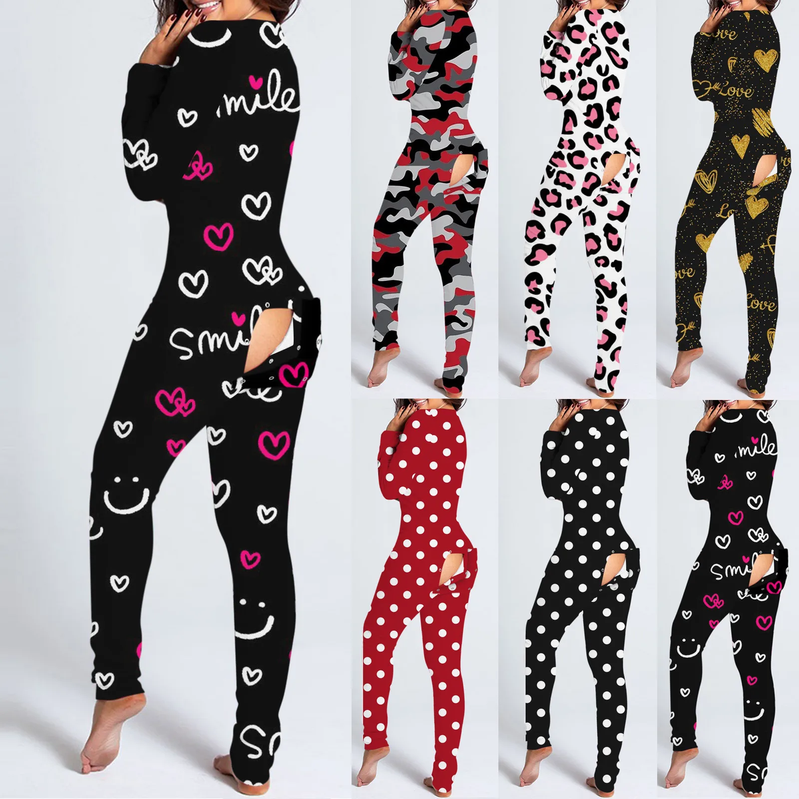 

Sexy Women Christmas Cutout Functional Buttoned Flap Adults Pajamas Club Button Design Plunge Lounge Jumpsuit