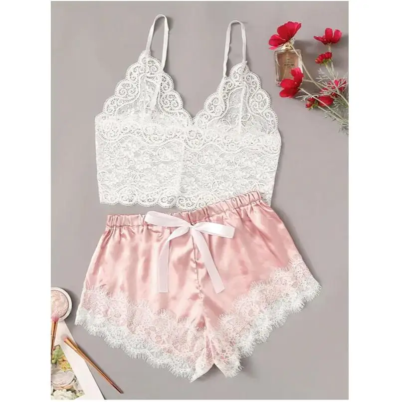 2 шт. Женский комплект кружевной пижамы без рукавов укороченный топ эластичные