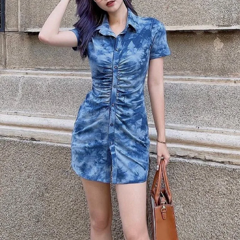 

2021 Tie Dyed Pleated Sexy Dresses Women Summer New Short Sleeve Single Breasted POLO Collar Dress Elegant Fashion Streetwear
