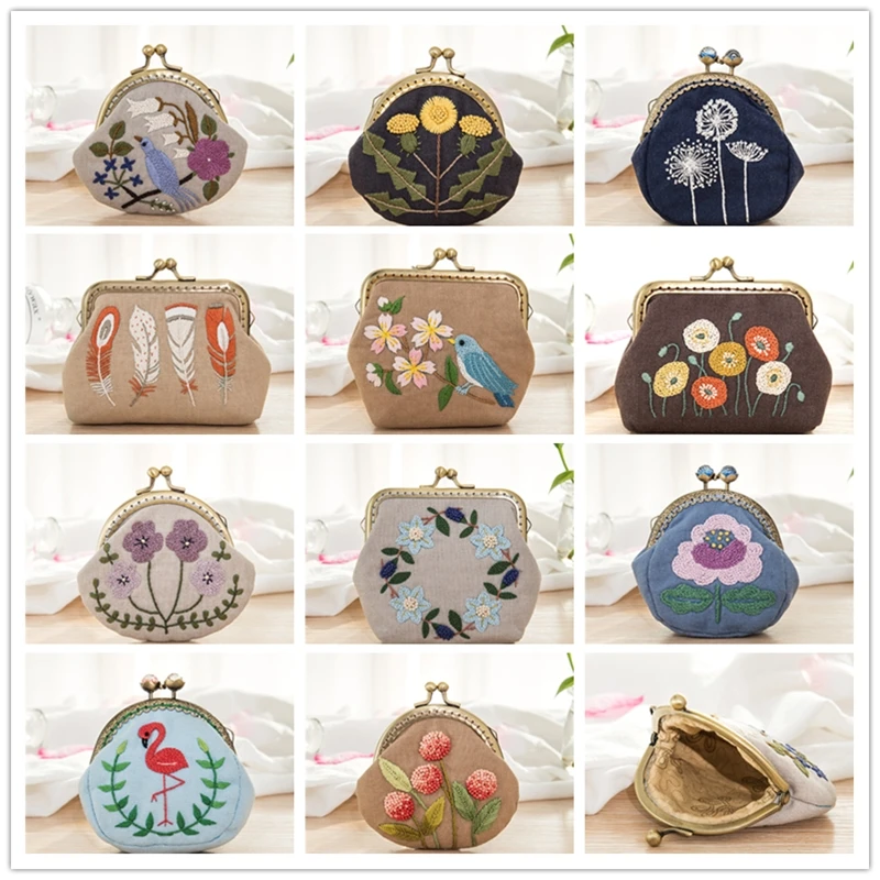 Цветочная вышивка кошелек для монет иглопробивные швейные нитки искусство