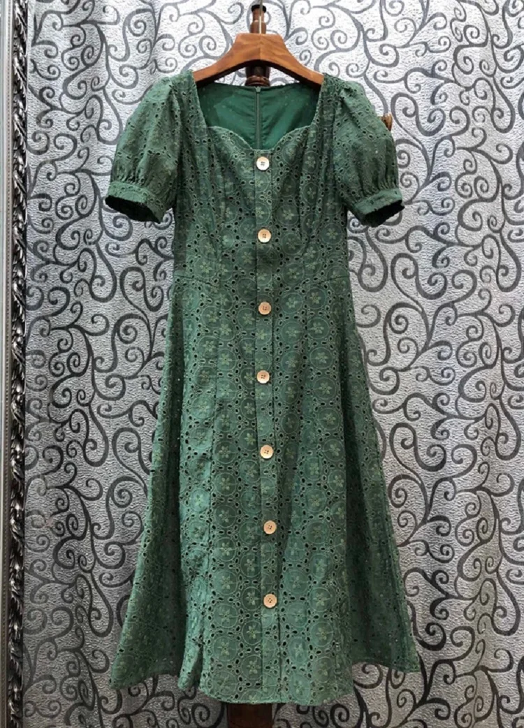 

New Top Quality 2021 Summer Style Dress Women Sexy Square Collar Allover Luxurious Embroidery Buttons Mid-Calf Silk Cotton Dress