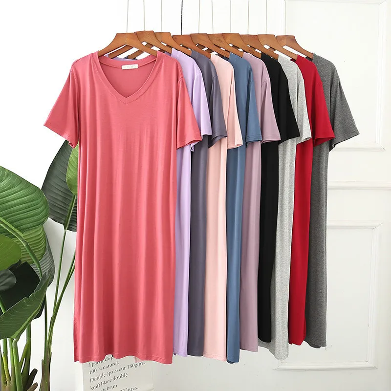 

Large size night dress short sleeve modal cotton sleepwear nightgown women nightwear nightshirt night gown loose long dress