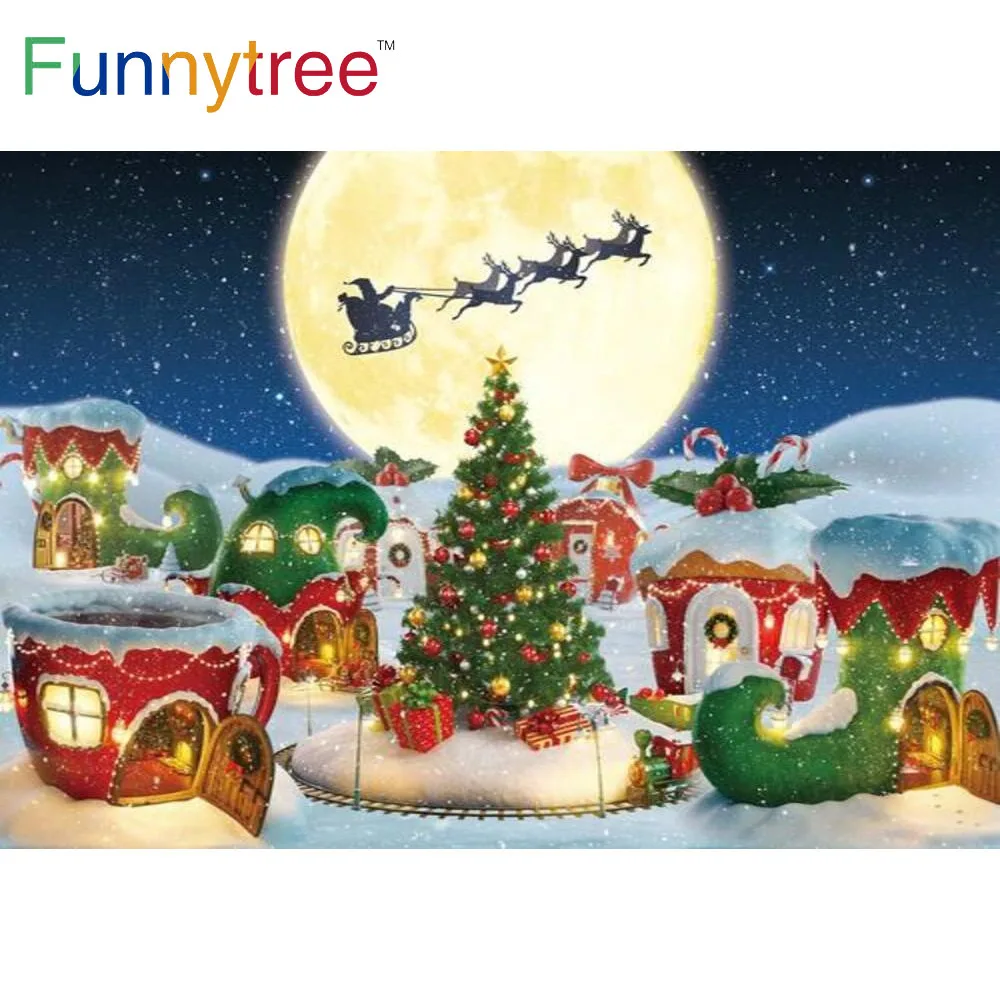 

Фон Funnytree Рождественская вечеринка полная луна ночь снег зима сахарные деревья сапоги олень Санты сани