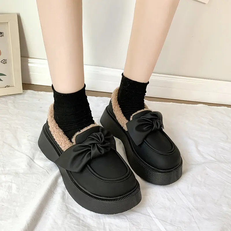 

Mary Jane Leather Shoes Women Winter Plus Velvet Warm Lazy Loafers Fashion Platform Shoes Woman Plush Cold-proof Lolita Shoe