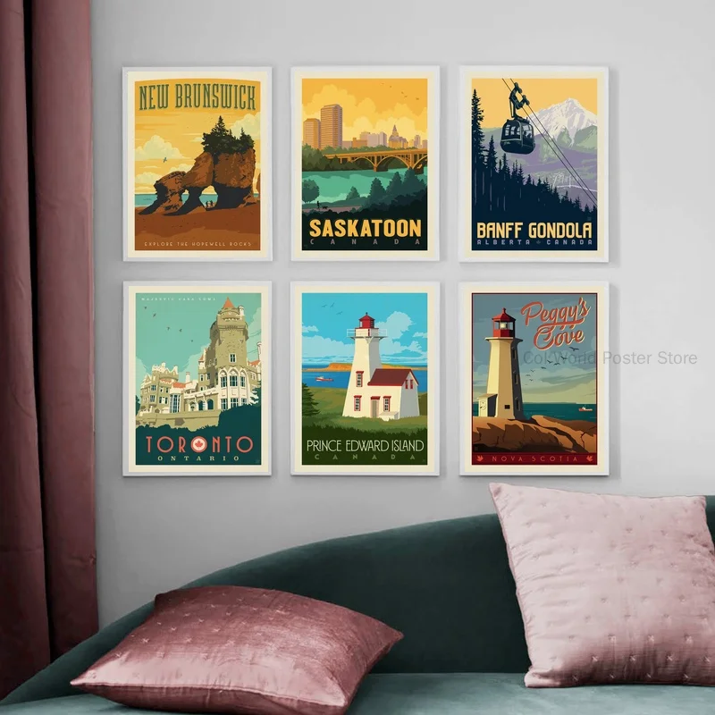 

Canada Peggys Cove,New Brunswick,Toronto,Prince Edward Island,Banff Gondola,Saskatoon Skyline Vintage Poster State Map Poster