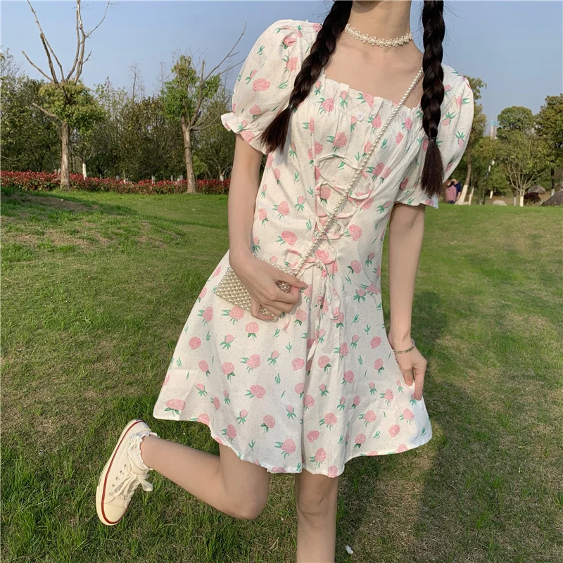 

French Style Lolita Women Dress Japanese Kawaii Sweet Puff Sleeve Mini Dress Sisters Slim Cute Strawberry Print Bandage Dresses
