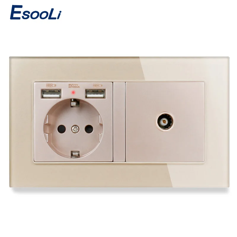 Esooli настенная розетка стандарта ЕС 2 USB зарядный порт со скрытым мягким