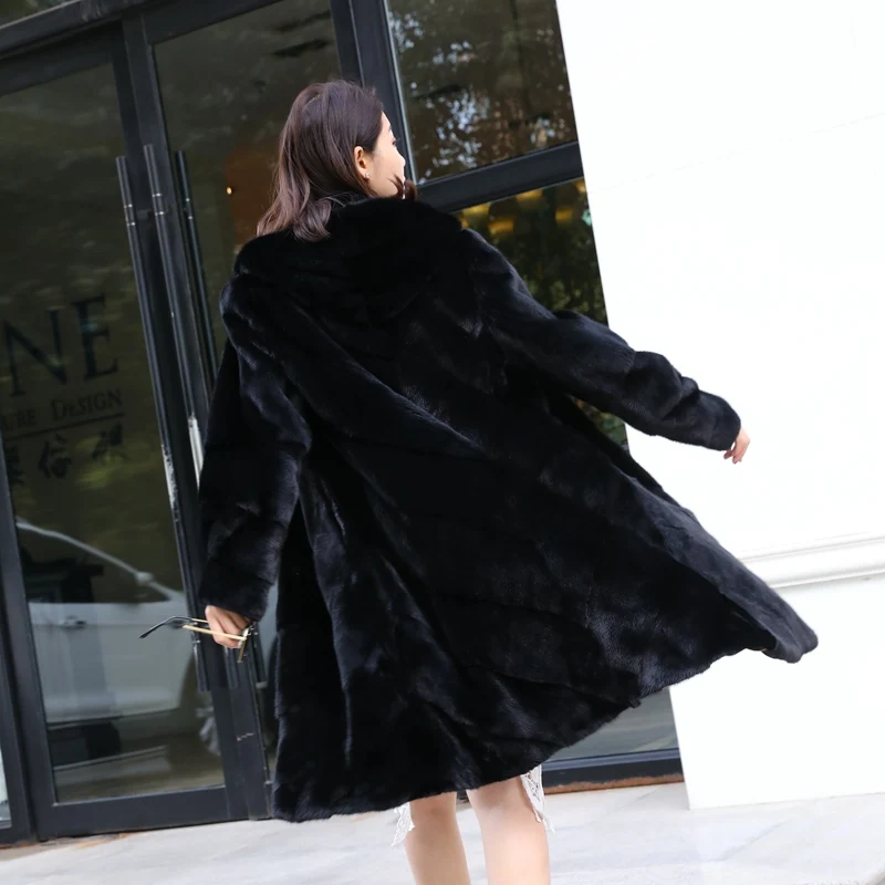 Шуба женская зимняя из натурального меха норки с капюшоном 90 см | Женская одежда