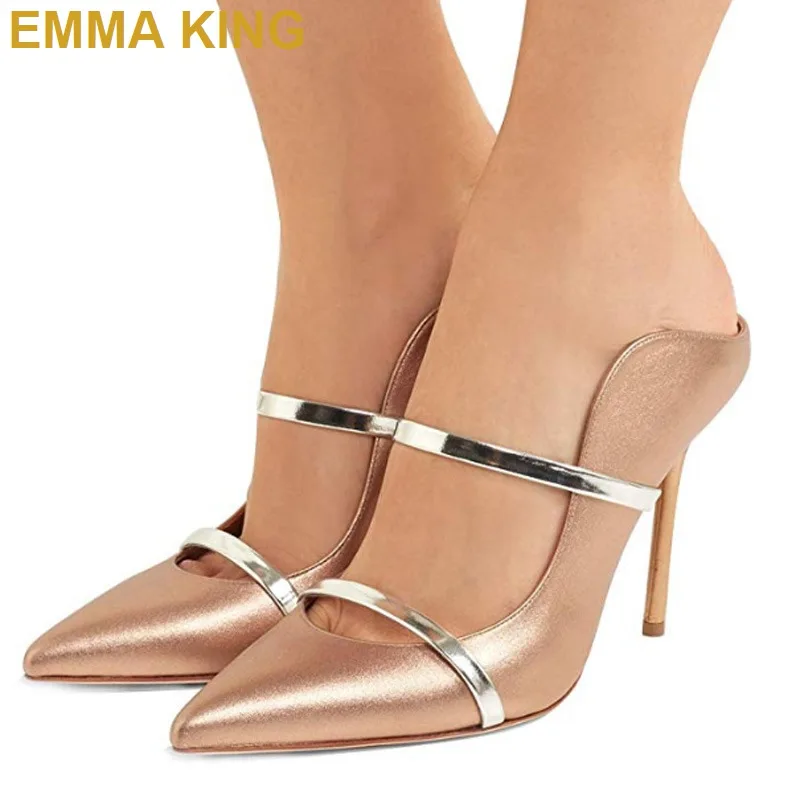 Женские босоножки с золотыми ремешками Летние на высоком каблуке острым носком