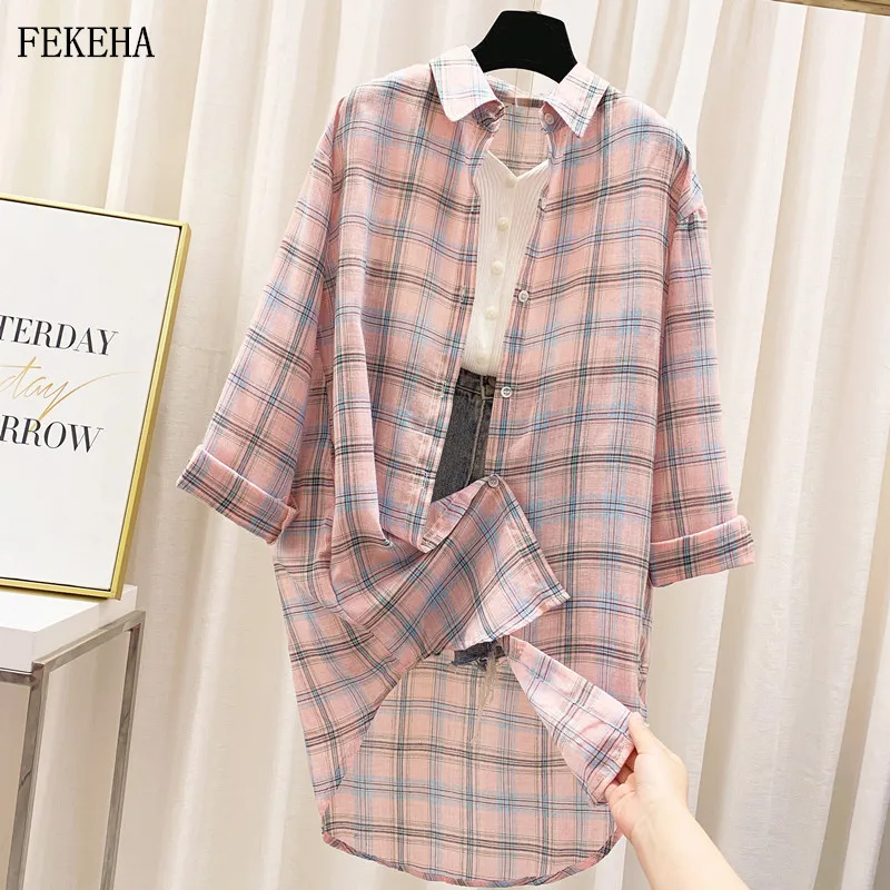 Летние блузки женские рубашки в клетку с длинными рукавами тонкие свободные